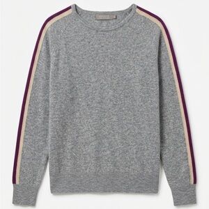Brodie Cashmere Gray Crewneck Sweater with Purple and Cream Shoulder Stripes